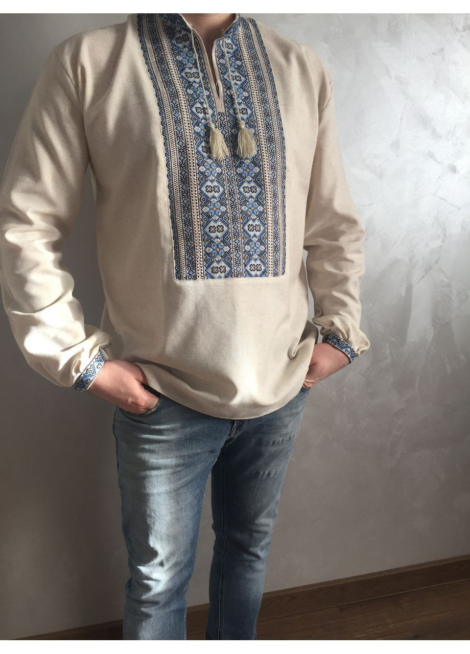 Серая стильная мужская вышиванка на сером льне ручной работы. l (371907707)