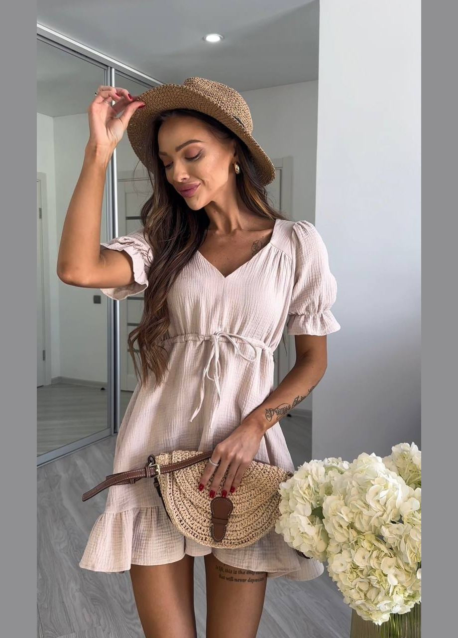 Бежева ніжна однотонна сукня з якісного мусліну в розмірі 42-46, приємна до тіла one-size сукня з v-подібним вирізом декольте No Brand