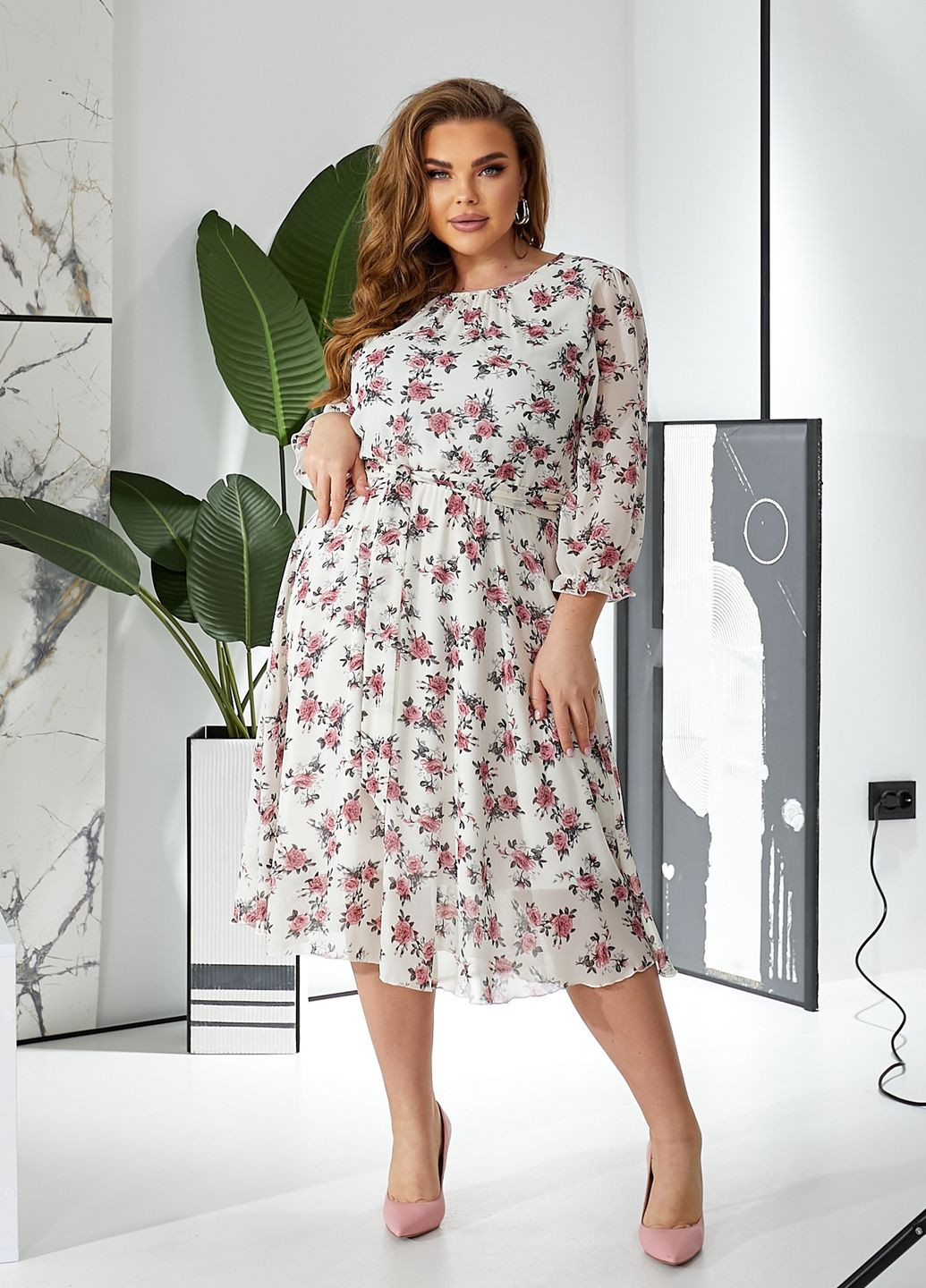 Молочна повсякденний, кежуал шифонова сукня з довгими рукавами кльош, дзвін No Brand з квітковим принтом