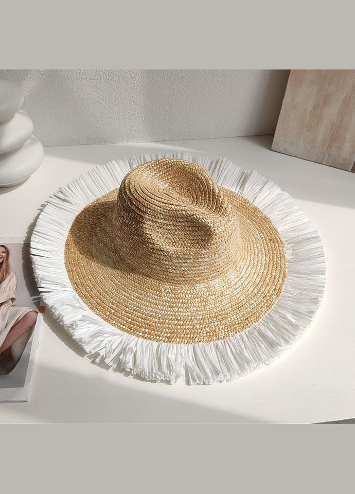 Літній широкополий солом'яний капелюх Федора з білою бахромою RONSARD No Brand (293815337)