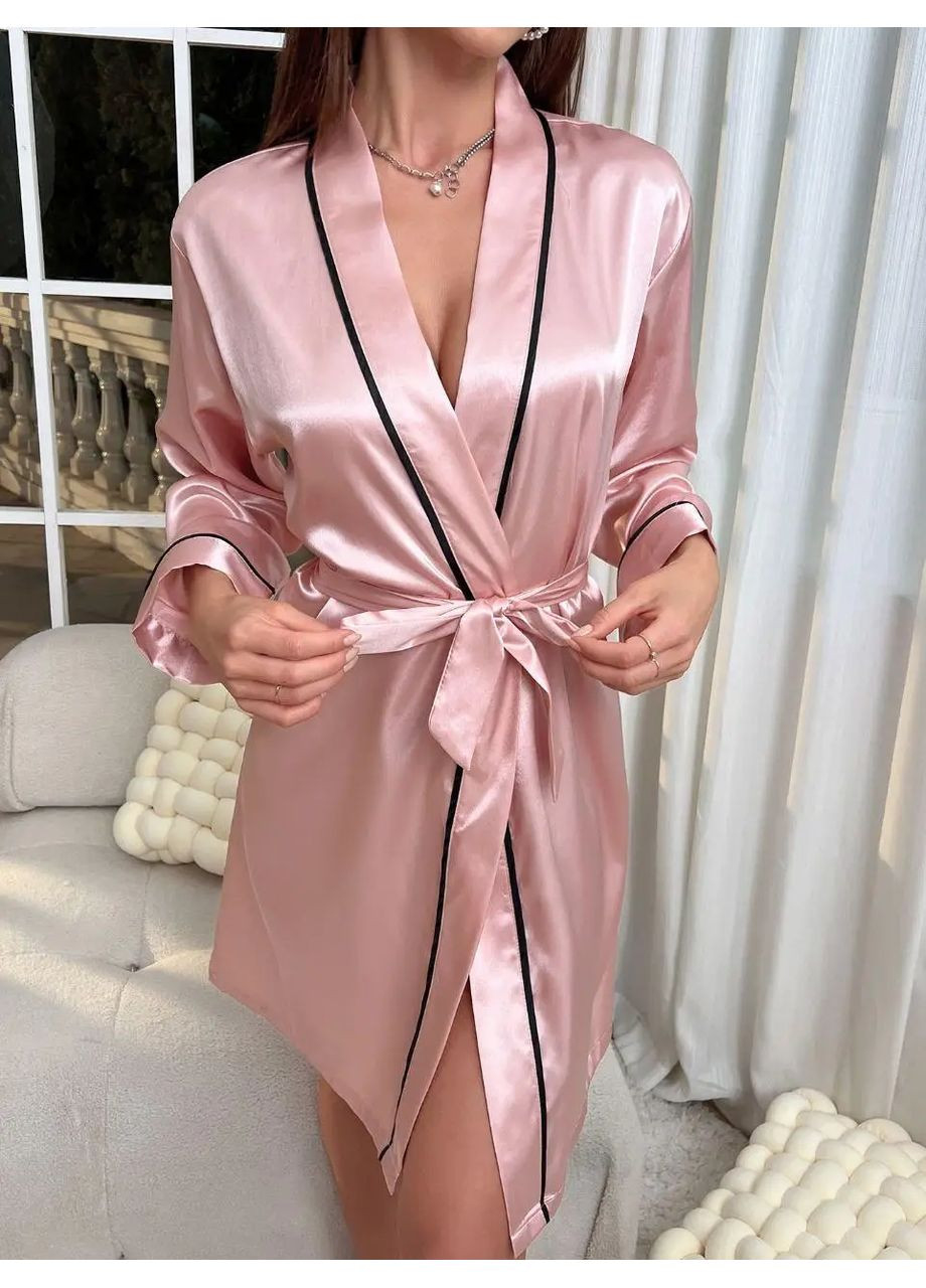 Изысканный халат Diana на запах с контрастным кантом, Атласный халат с длинными рукавами под пояс короткий No Brand халат Diana чорний (360428641)