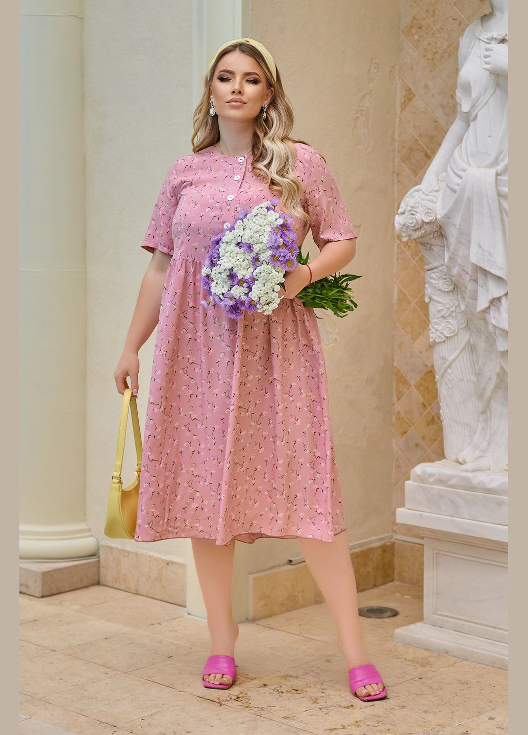 Розово-лиловое повседневный нежное платье а-силуэт No Brand с цветочным принтом