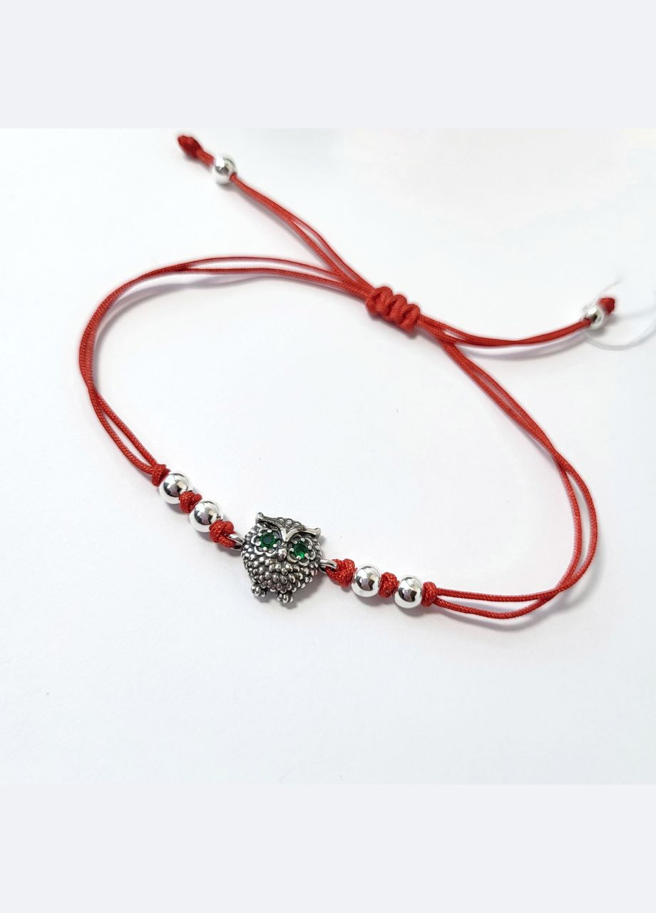 Срібний Червоний браслет Оберіг Совеня з зеленими оченятами срібло 925 проби Чорнене 75122з 1.75 г Nobrand (363969334)