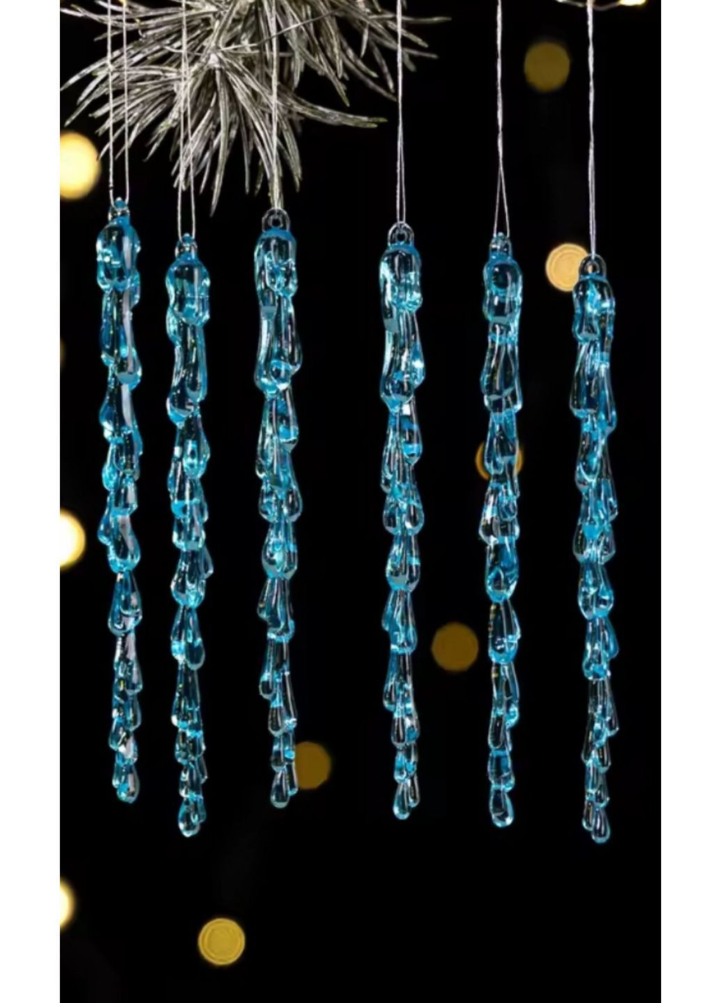 Новорічні підвіски блакитні кришталеві бурульки 13см, набір 6 штук. Пластик No Brand (370597660)