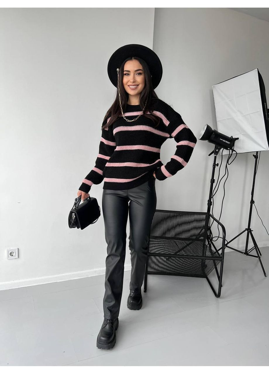 Черный демисезонный женский свитер в полоску джемпер No Brand