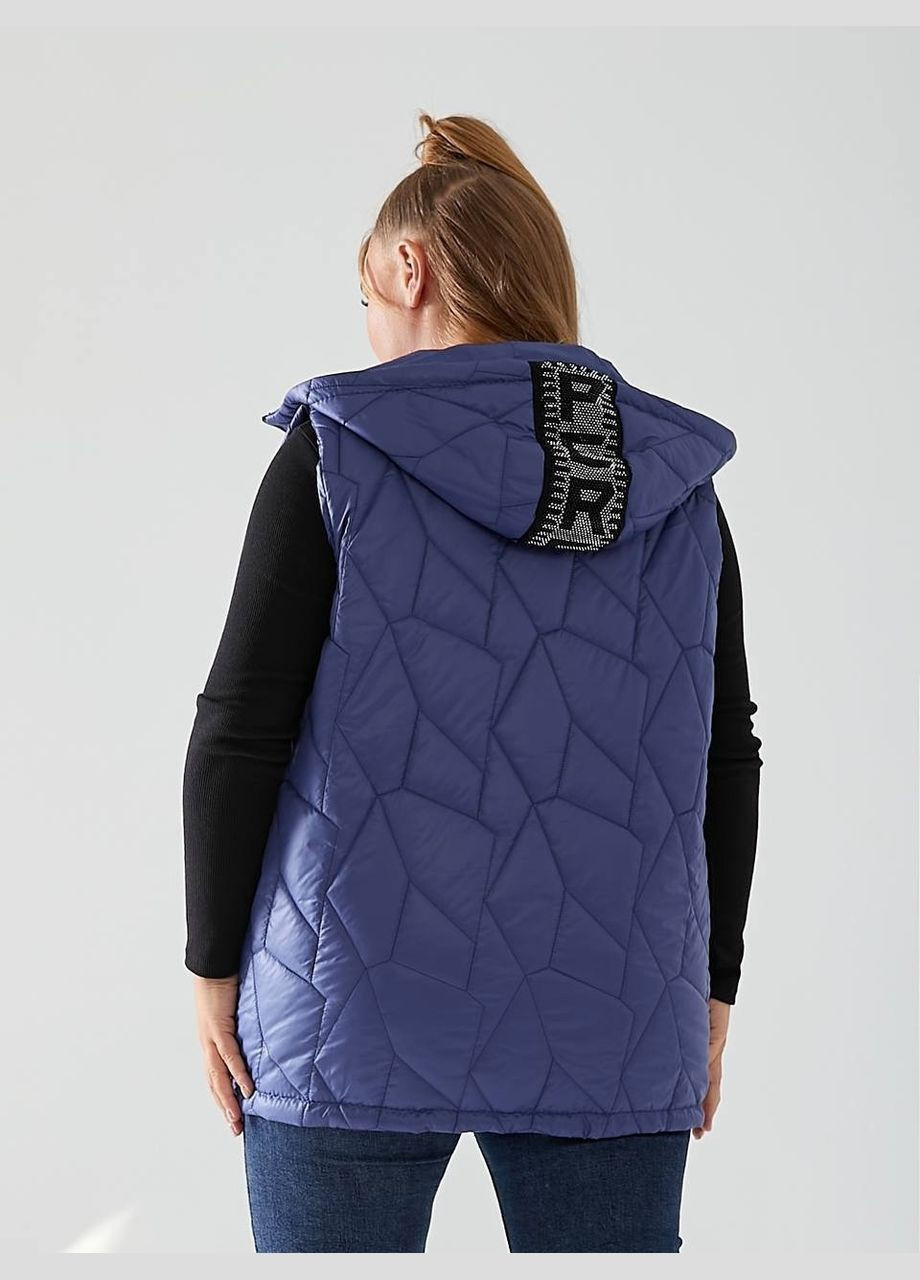 Женская демисезонная жилетка батал синяя с стразами средней длины с кулиской Viki Жилет (316035131)