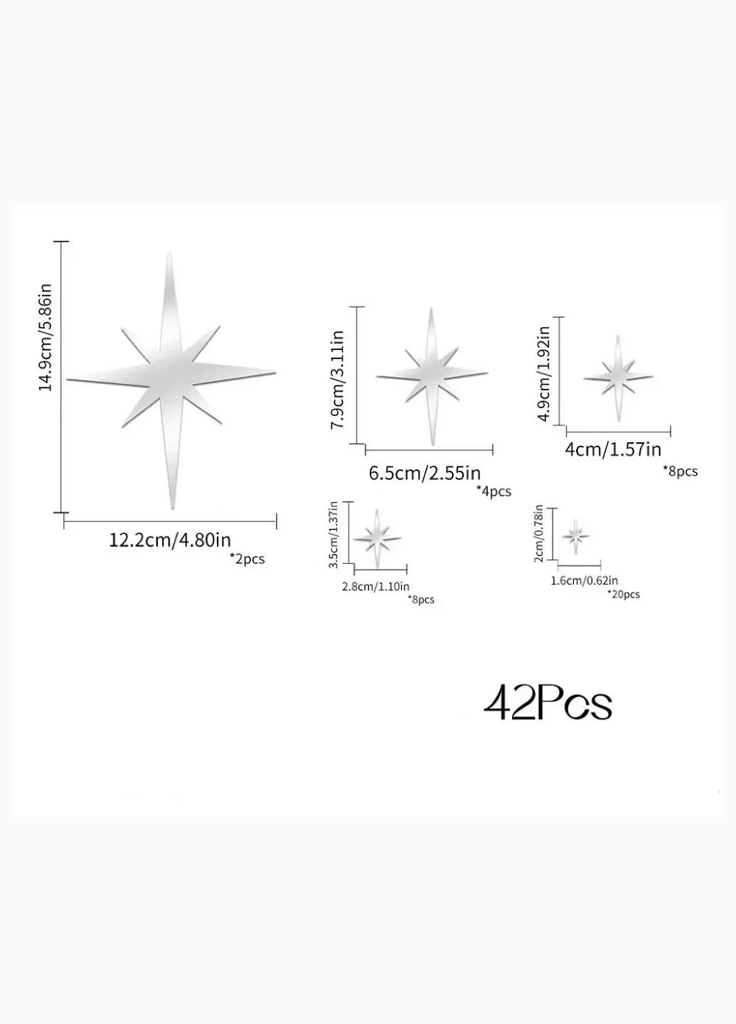 Зеркальные золотые наклейки пластиковые звезды от 2 до 14,9 см 42 шт набор Б336 No Brand (325699346)