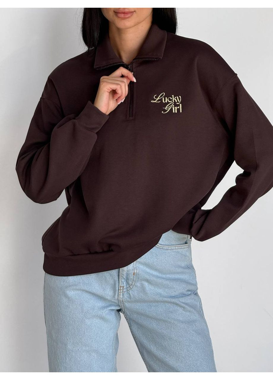 Коричневий жіночий світшот з написом lucky girl Україна однотонний вишивка (354693405)