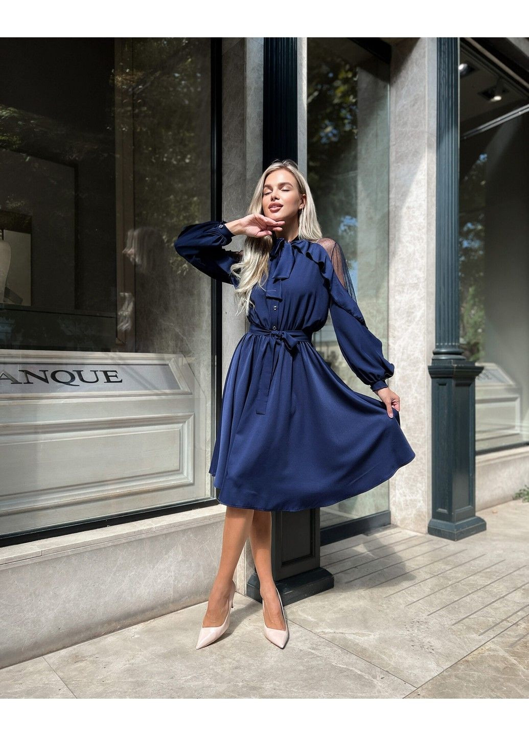 Темно-синее коктейльное платье атлас шелк 22075 синее Tanita-Romario