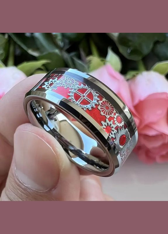 Мужское кольцо из нержавеющей стали с изображением ретроузоров шестеренки цвет серебристый красный размер 19 Fashion Jewelry (308022558)