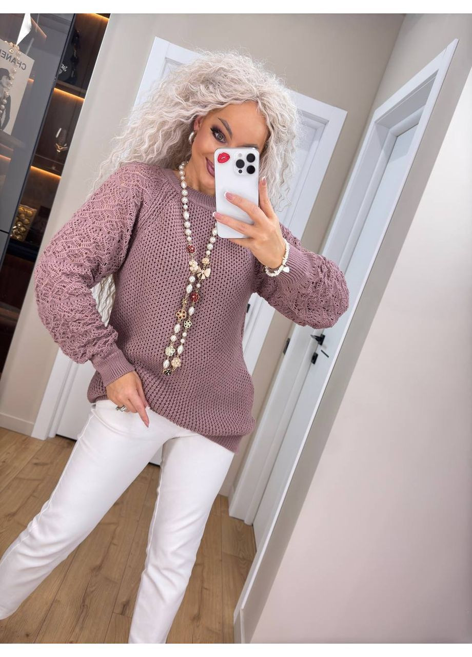 Пудровый демисезонный женский свитер с ажурными рукавами джемпер No Brand