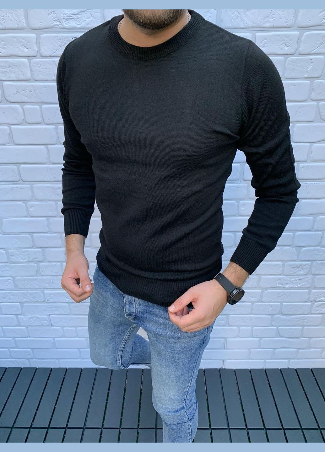 Черный демисезонный мужской базовый свитер No Brand