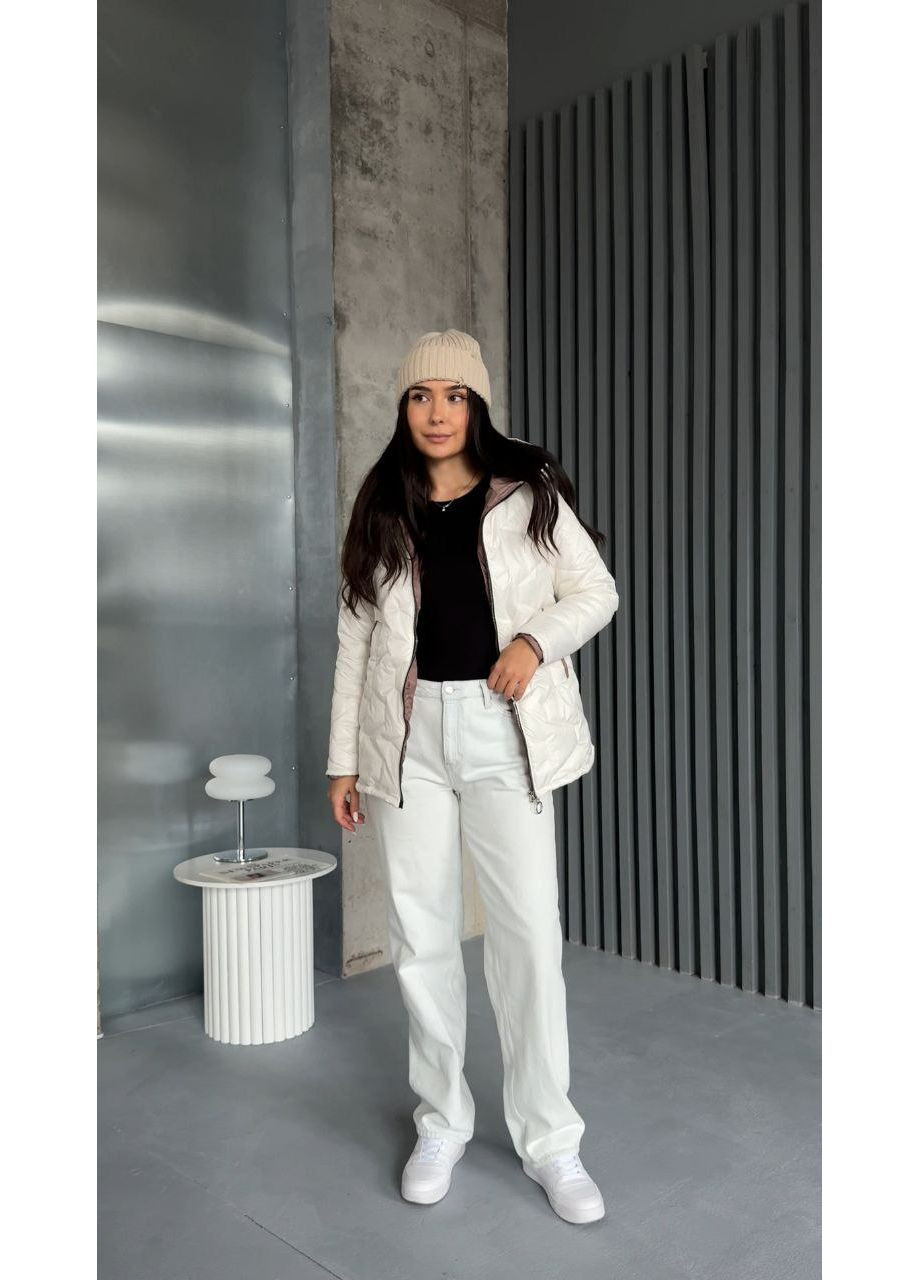 Молочная демисезонная куртка 8125512 стеганная плащевка лакированная,силикон 200,с капюшоном на молнии двухсторонний Україна