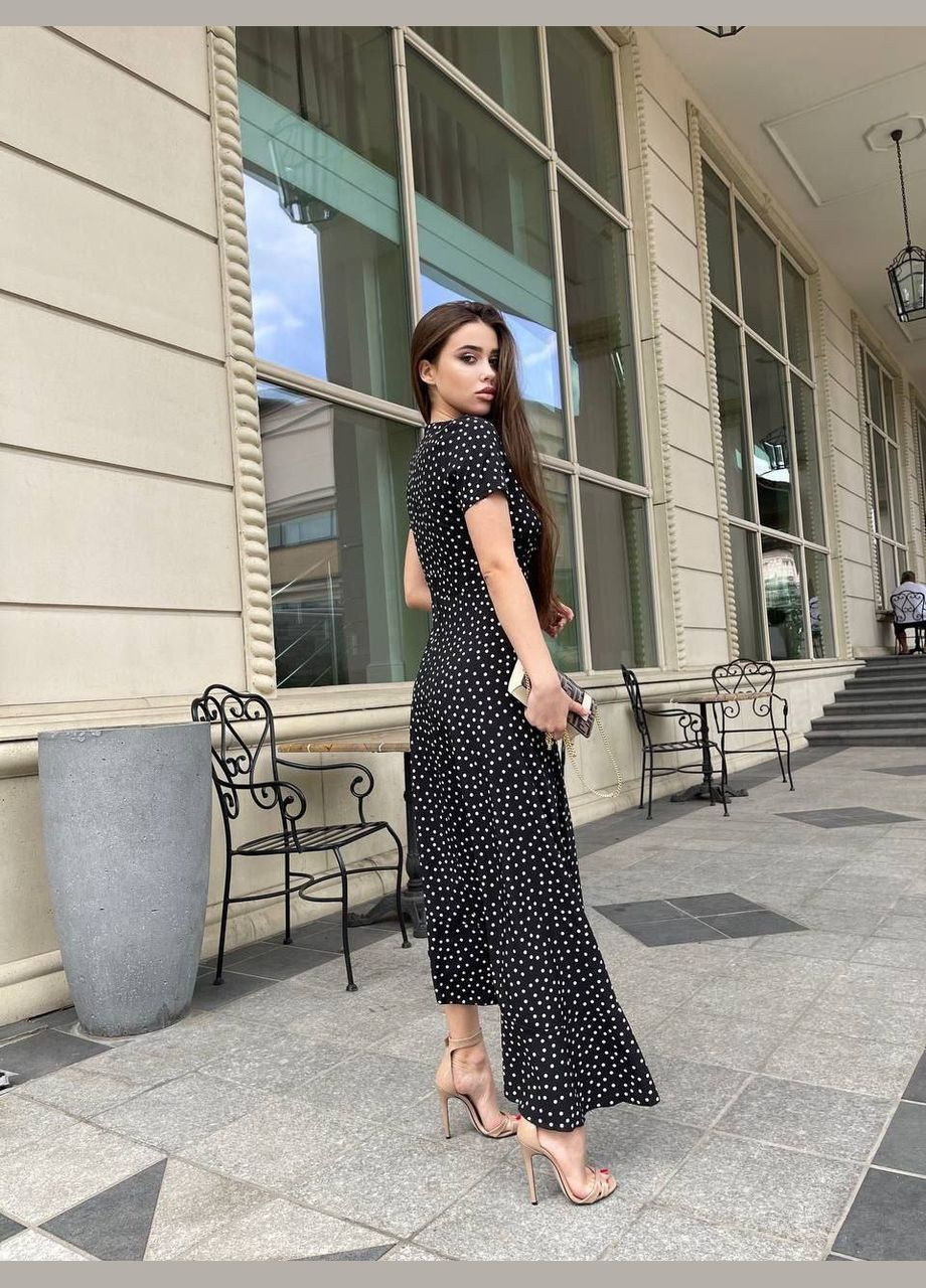 Чорна святковий, повсякденний, кежуал, вечірня легка витончена сукня з розрізом по ніжці Vakko в горошок