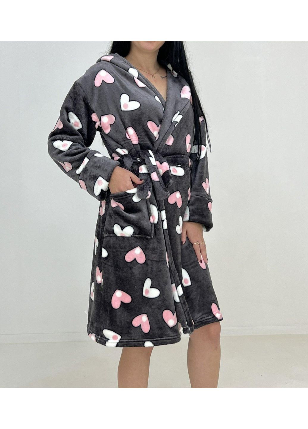 Халат велсофт на запах Серце 58-60 Сірий 69646345-4 PARS (364314298)