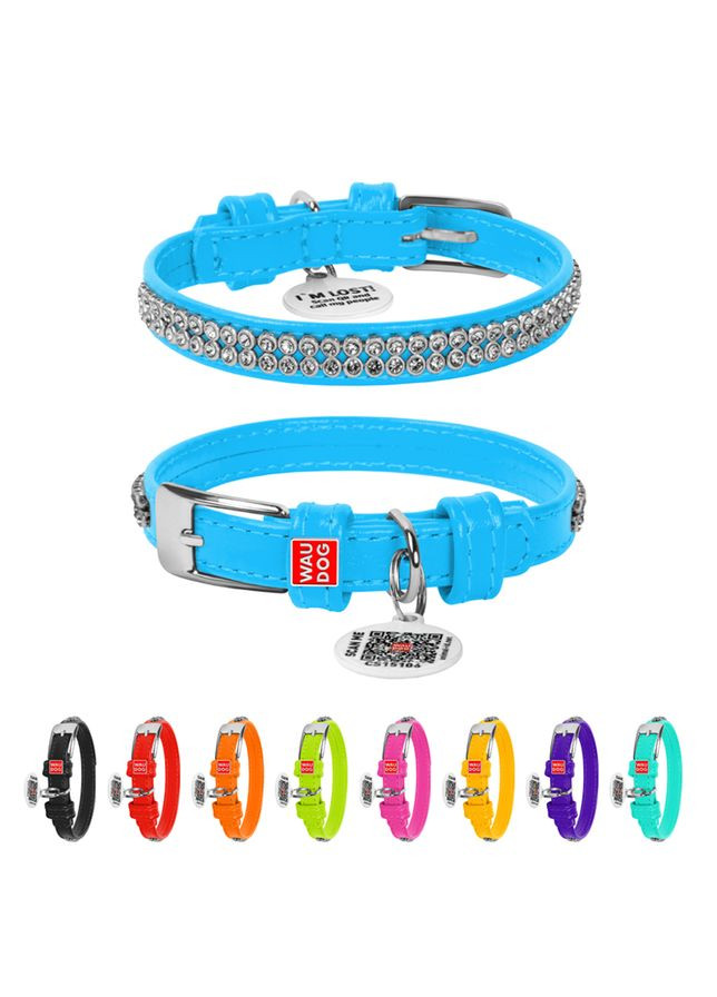 Ошейник для собак кожаный Glamour с QR паспортом, с украшением "Полотно стразы",, Ш 12 мм, Длин 21-29 см голубой WAUDOG (322001855)