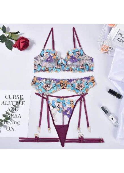 Фиолетовый демисезонный кружевной комплект с поясом. прозрачный женский комплект белья с цветочным принтом для секса. обольстительное сексуальное бельё No Brand