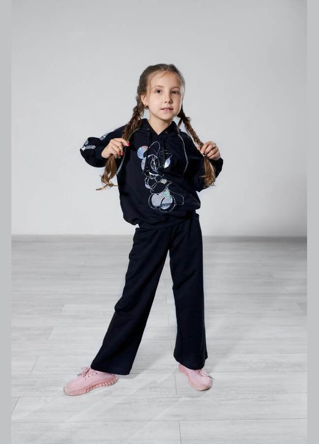 Чорний дитячий спортивний костюм для дівчинки з худі з голограмою з капюшоном з малюнком Мінні Маус No Brand (315334015)