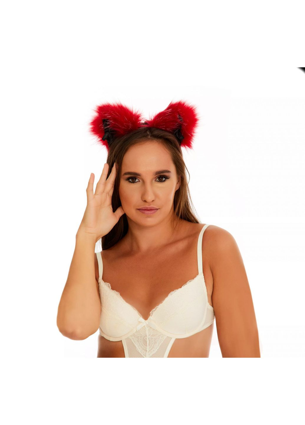 Хутряні вушка кішки з бантиком, Темно-червоні з чорним OKOVA (315148709)