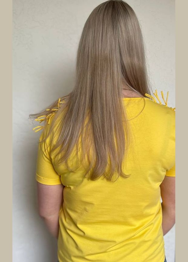 Женская хлопковая футболка с плетеными вставками желтая Capricious 135 - (334889328)