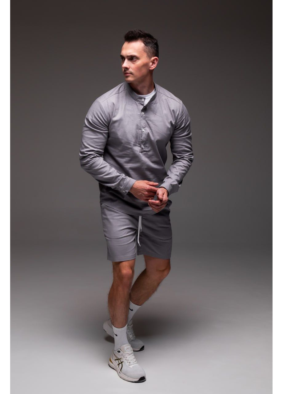Сірий літній стильний чоловічий літній комплект із натурального льону з шортами, з сорочкою Vakko