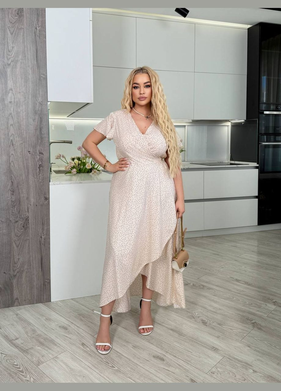 Молочна актуальна та модна сукня з легкої тканини на запах Україна в горошок