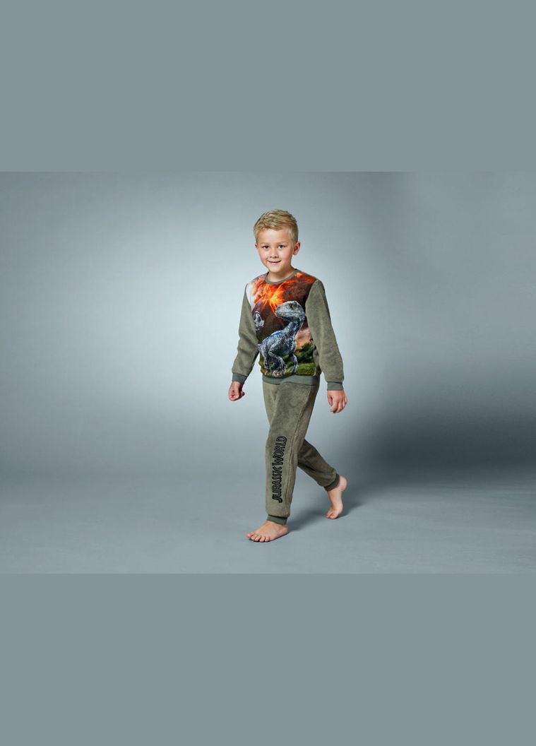 Оливковая (хаки) всесезон пижама плюшевая для мальчика лонгслив + брюки Pepperts
