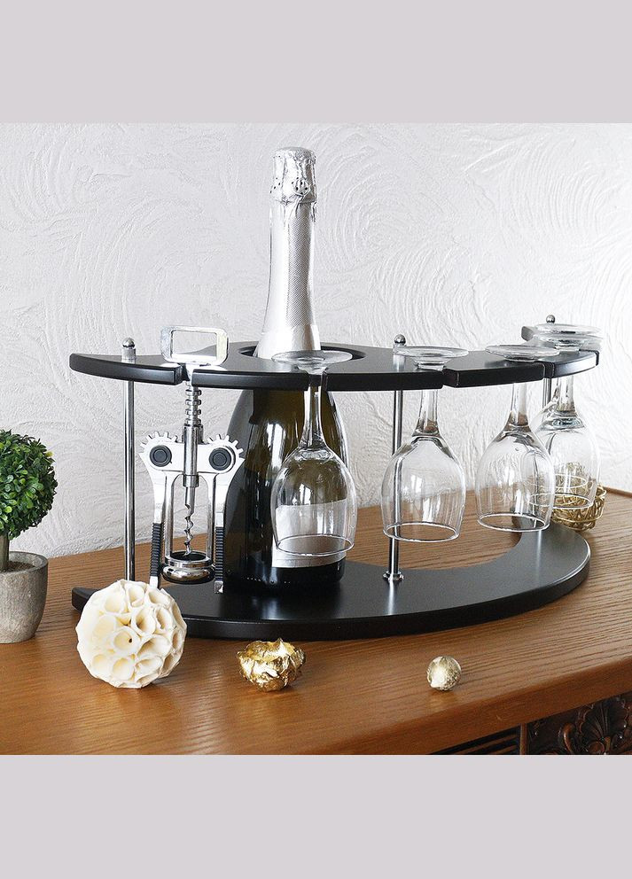 Підставка для пляшки на 5 келихів зі штопором дерев'яна (SS09185) Гранд Презент (301221701)