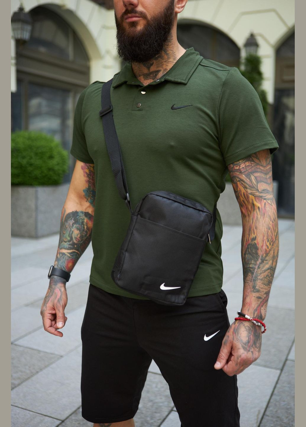 Комплект чоловічий : поло трикотажне хакі + шорти трикотажні чорні + барсетка чорн No Brand (340715411)