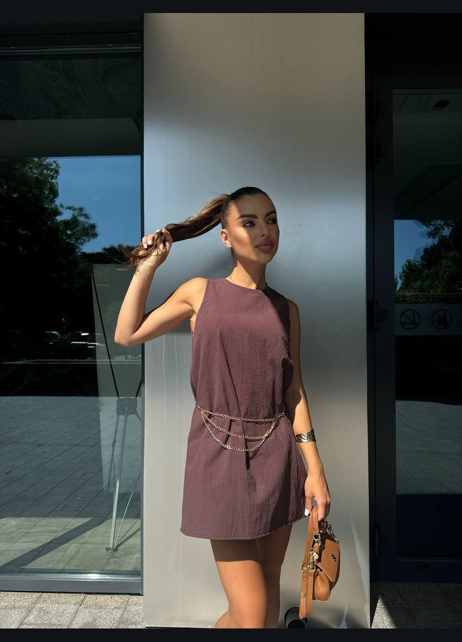 Коричнева кежуал жіноча сукня ромпер з льону довжини міні MonCher