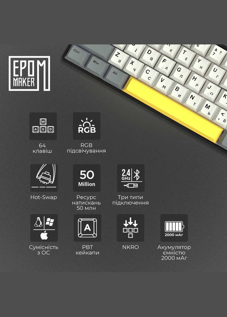 Клавиатура беспроводная EP64 60% Mulan Switch Hot-Swap (2.4G/BT/USB) RGB RU Black (EP64-B-M) EPOMAKER (342331500)