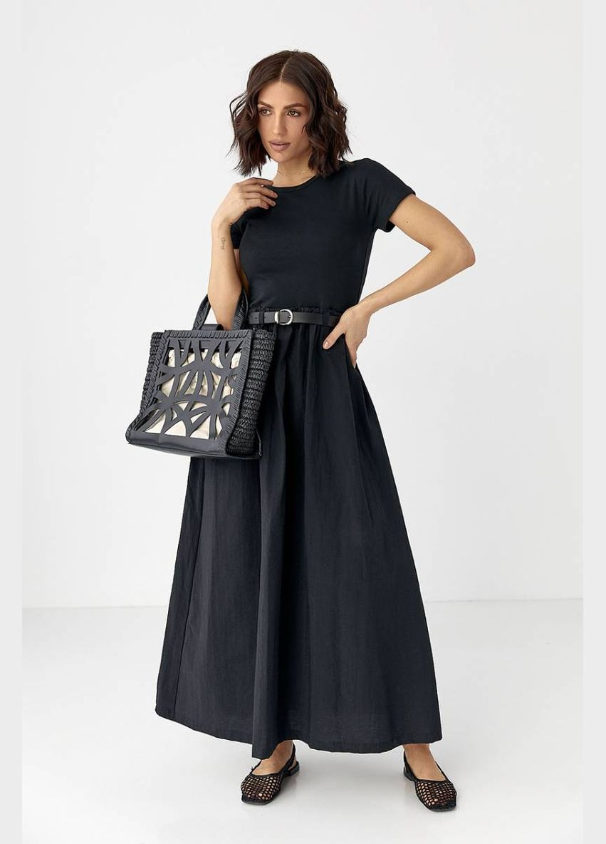 Черное женское длинное платье с поясом Lurex