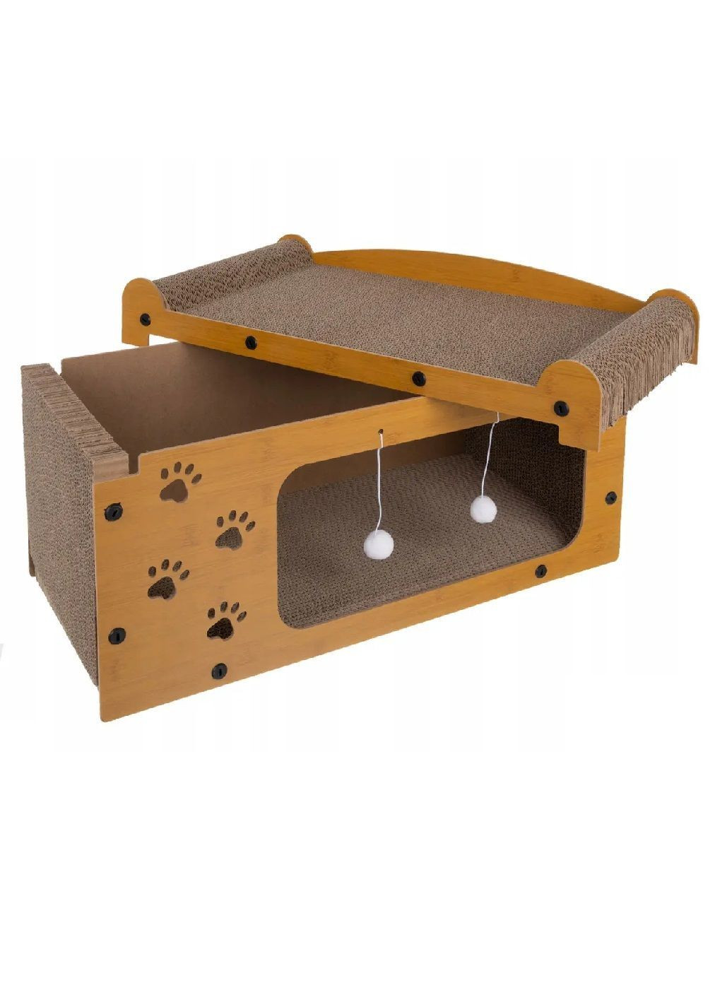 Когтеточка будиночок дряпка дворівнева з еко картону з підвісними м'ячиками для кішок 29×56×27 см (482112-Prob) Unbranded (370456157)