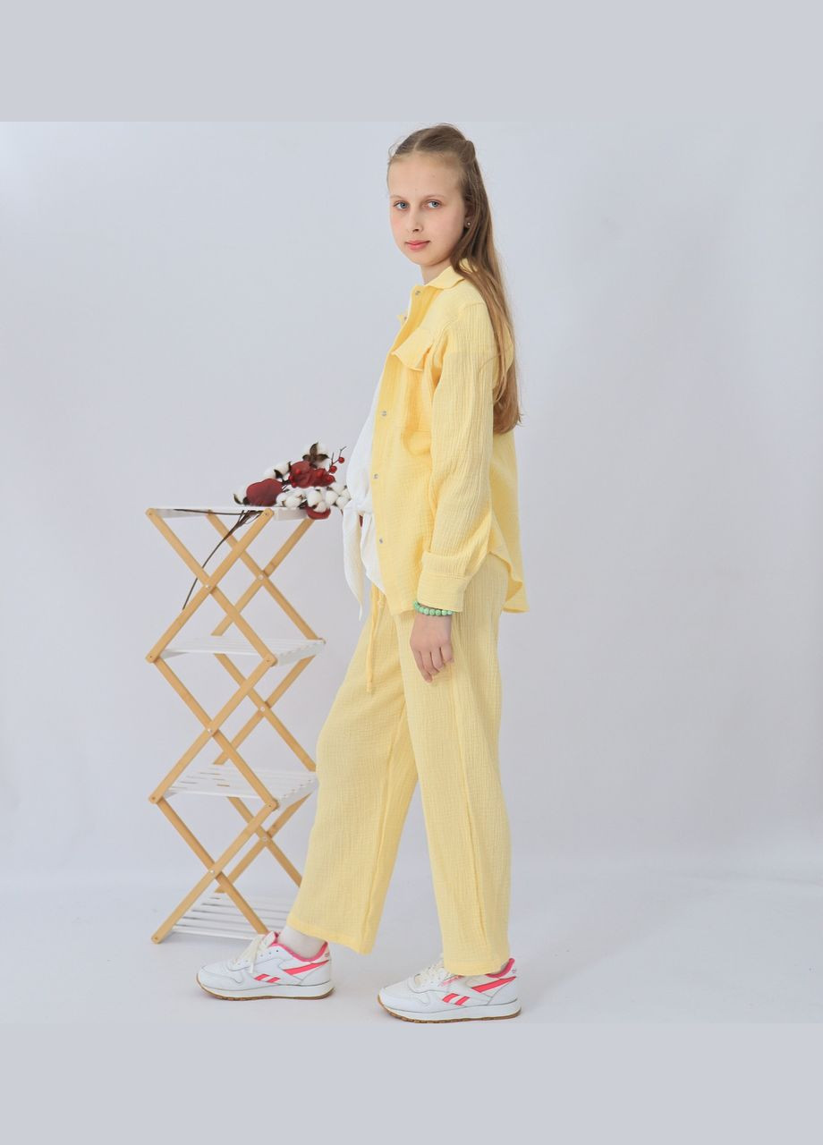 Бирюзовый летний детский лимонный муслиновый комплект унисекс рубашка+ штаны+футболка палаццо mrou с рубашкой, брючный No Brand