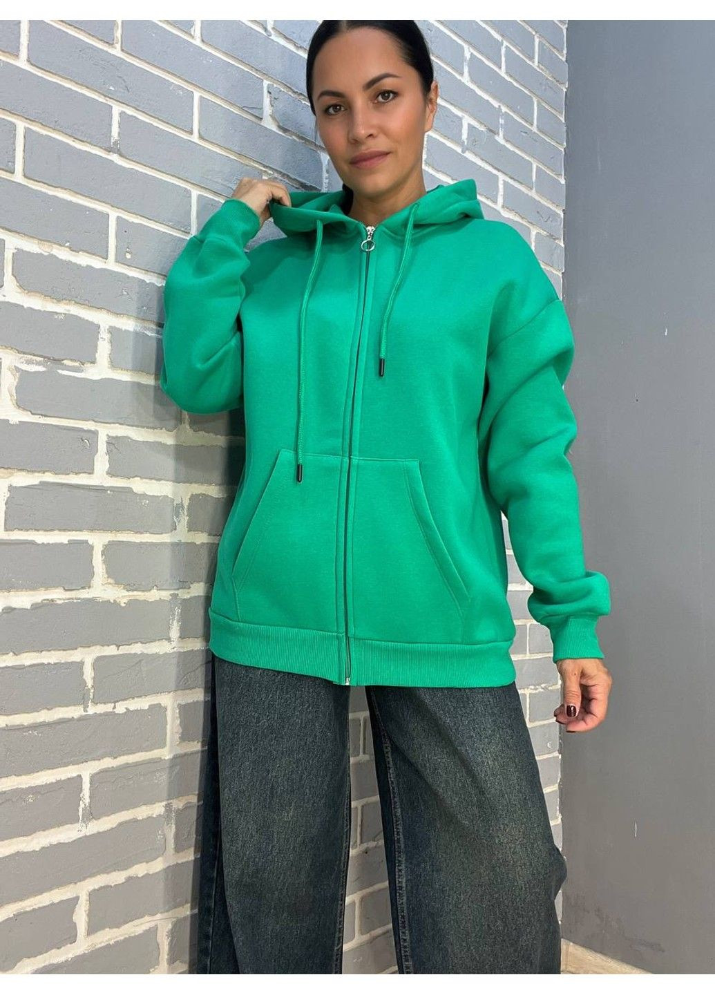 Зелений худі жіноче 482 світшот подовжений на блискавці капюшон базовий оверсайз фліс утеплений Quzen (303283173)