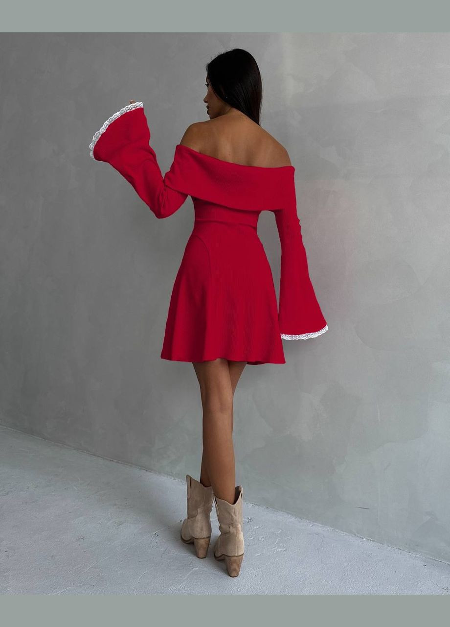 Красное нежное красное короткое платье с открытым декольте и длинным рукавом с кружевом, стильное платье с открытыми плечами No Brand