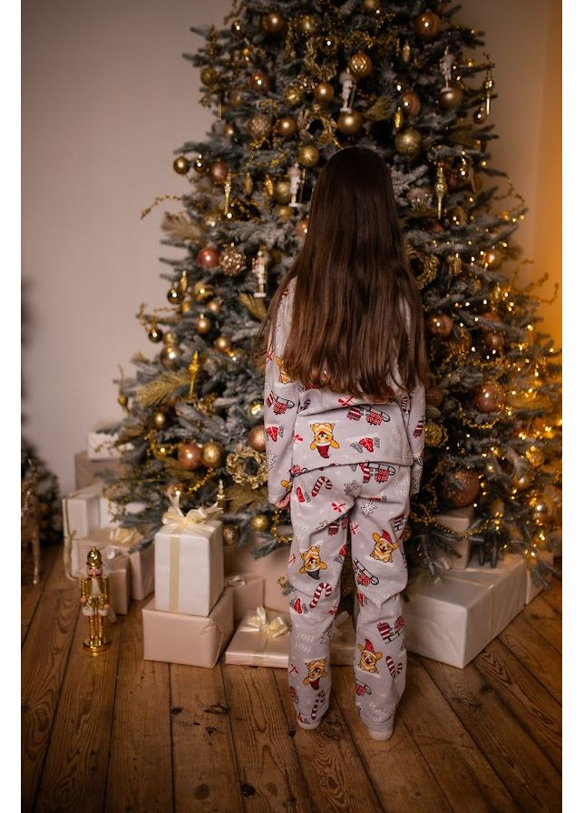 Серая зимняя утепленная пижама детская унисекс (штаны и кофта) с новогодним принтом hc (h001-6076) Носи своє