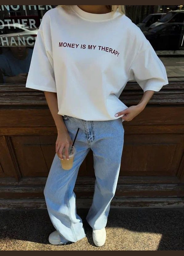 Біла турецька футболка вільного крою з написом на грудях No Brand 261 - (330613772)