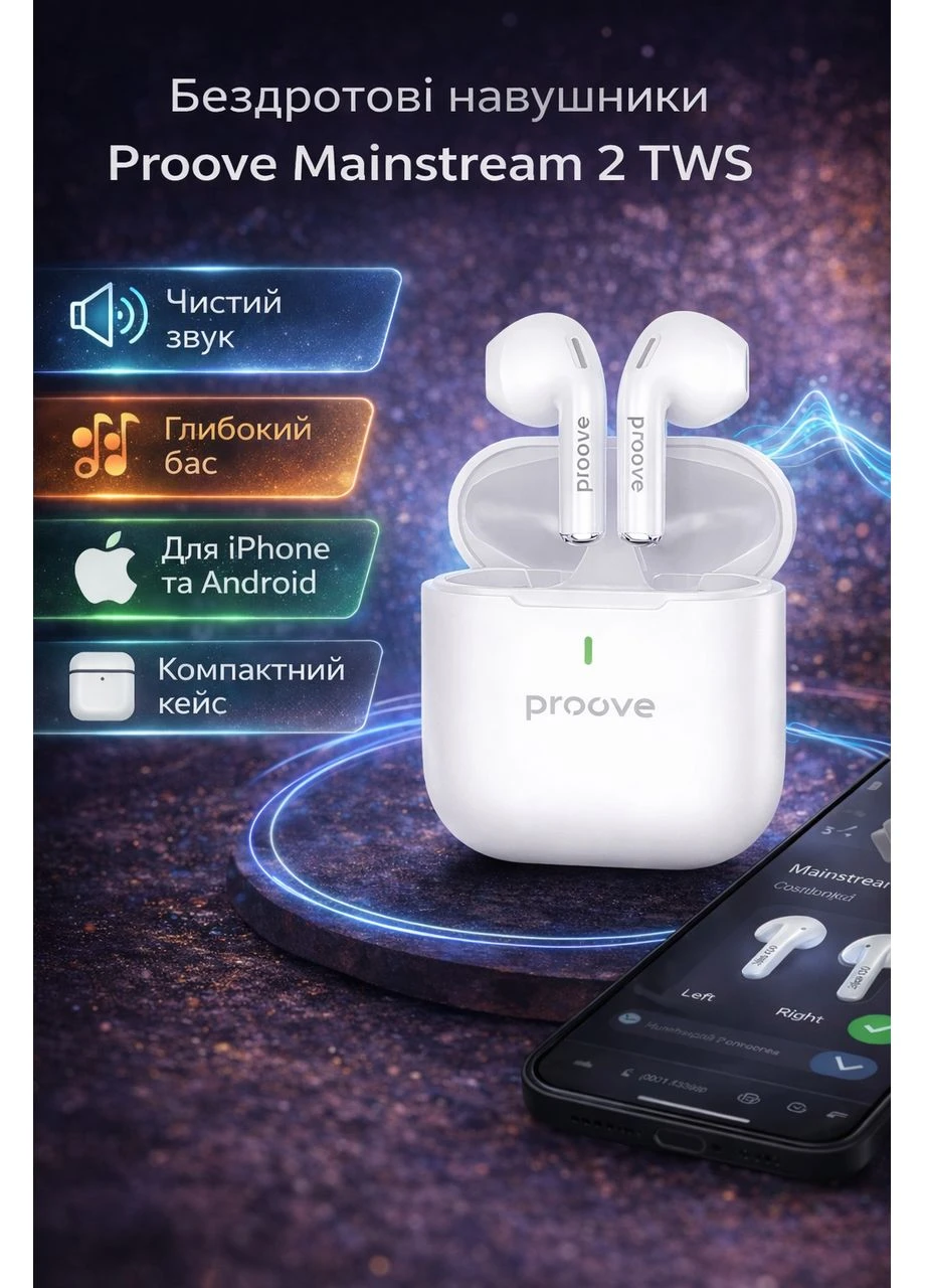 Бездротові навушники Mainstream 2 TWS White з APP, Bluetooth, вакуумні, сенсорні, для iPhone та Android Proove (386030459)