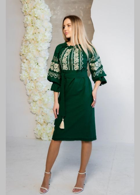 Зелений зимній жіноча вишита сукня тереза зелена з молочним Galychanka 5190
