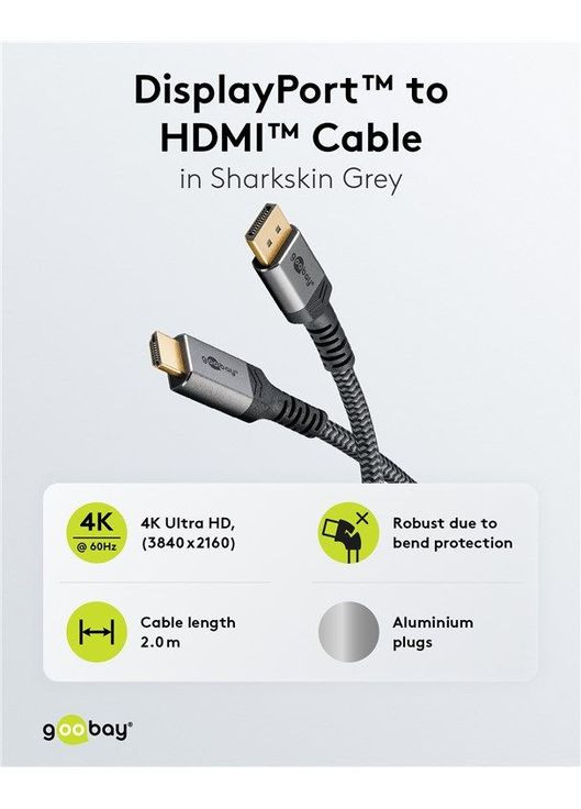 Кабель монитора сигнальный DisplayPort to HDMI M/M (папа/папа) (HDMIэкран) 2.0m 4K@60Hz 19+1pin D=6.0mm Textile Goobay (369646087)