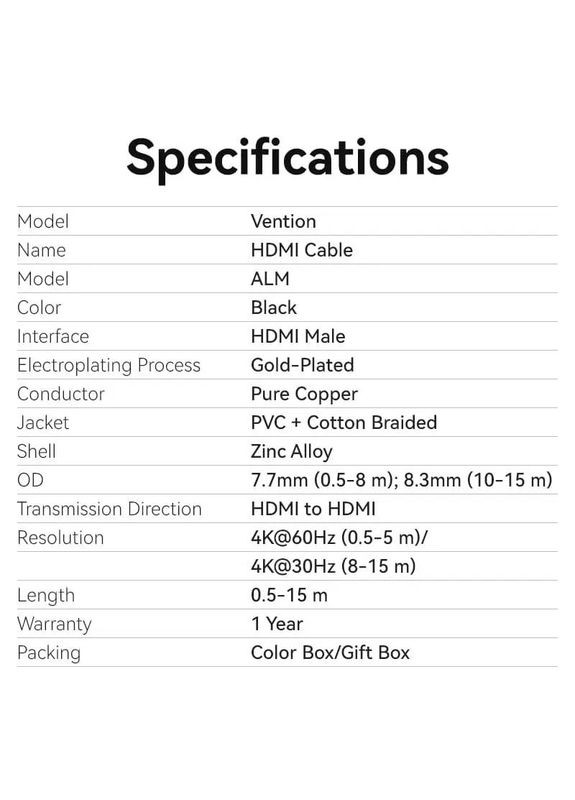 Кабель HDMI - HDMI V 2.0 (M/M), 2 м, Black (ALMBH) Vention (370619056)