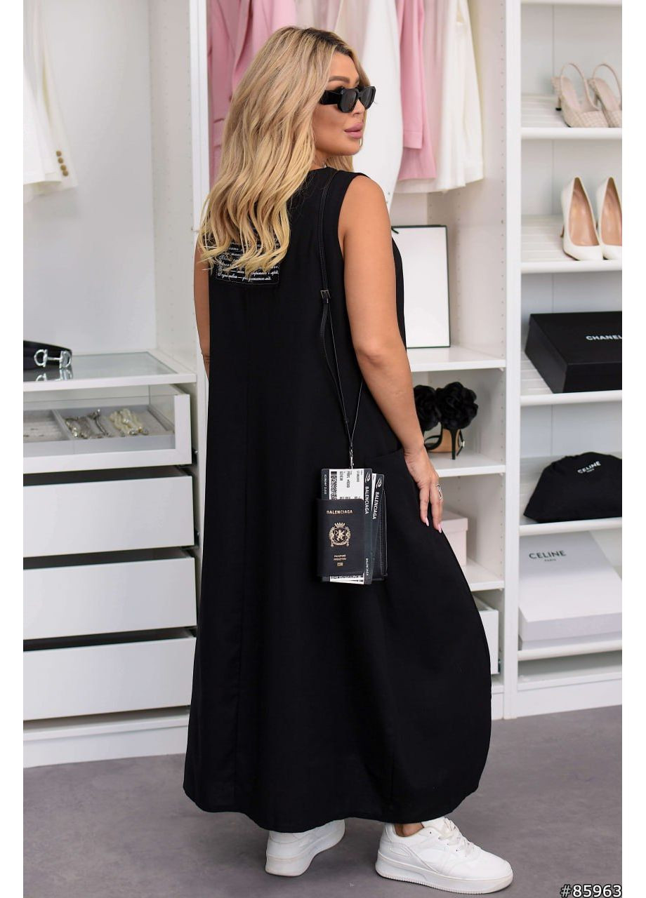 Черное платье лен, длинное с декоративными элементами, карманы по бокам, без рукава Україна