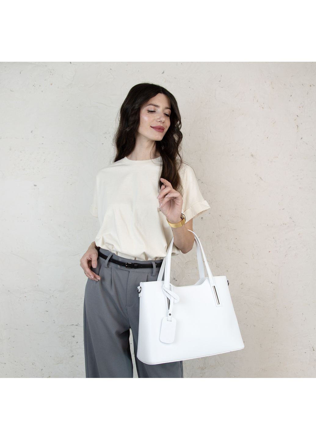 Сумка женская шопер кожаная 8066 большая с 2 ручками белая Virginia Conti (349442716)