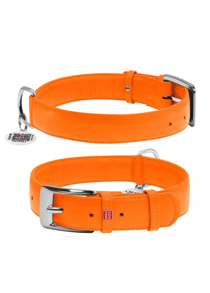 Ошейник для собак кожаный WAUDOG Glamour с QR паспортом, без украшений, L, Ш 25 мм, Дл 38-49 см оранжевый Collar (321970300)