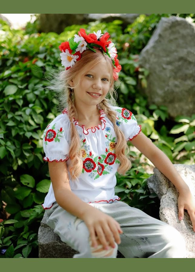 Белая вышиванка для девочки с коротким рукавом hc (h001-6366-038-22) (299915944)