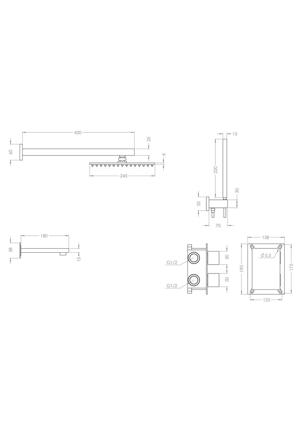 Чорна душова система з термостатом внутрішнього монтажу з виливом TSB-521 Nett (336939136)