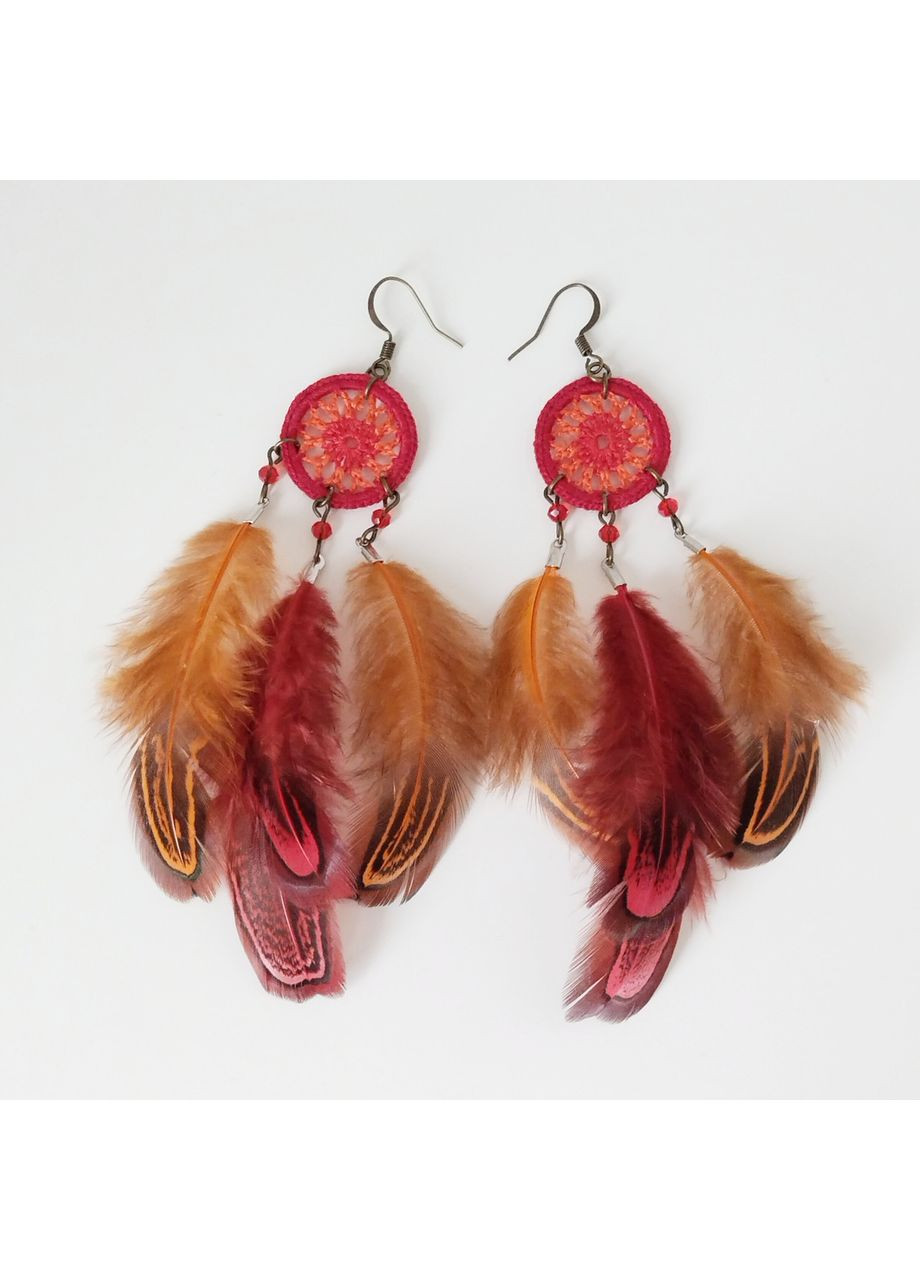Авторські сережки "Ловець снів" з пір'ям червоно-помаранчеві Dream Studio (363057518)