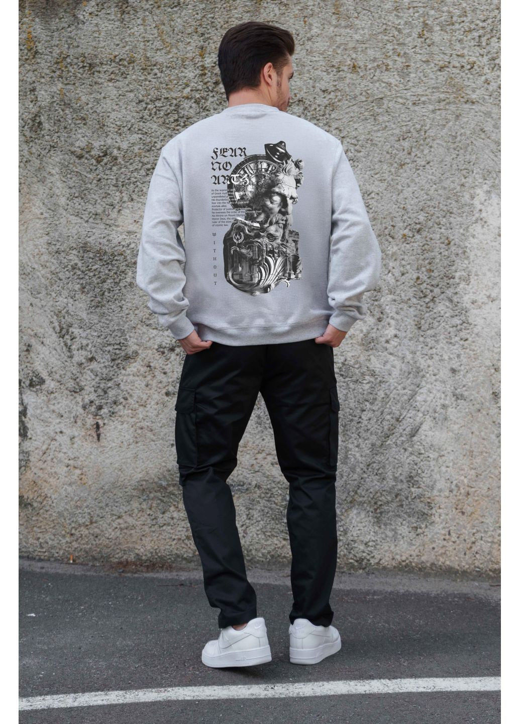 Сірий чоловічий утеплений оверсайз світшот на флісі з принтом greek Without однотонний без декору (361267565)