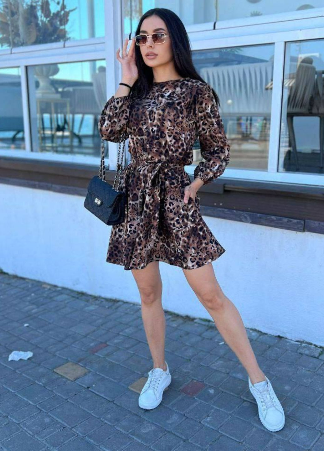 Коричневое повседневный изысканное леопардовое платье с рукавами фонарик семь восьмых и поясом в комплекте Allthings леопардовый